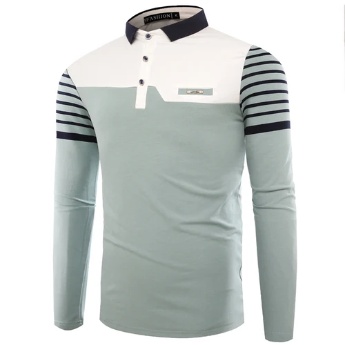 light blue Мужская рубашка поло, осень, новая Корейская версия, в полоску, пэчворк, длинный рукав, тонкая рубашка, хлопок, на каждый день, поло, с отворотом, Мужской Топ - Цвет: light blue