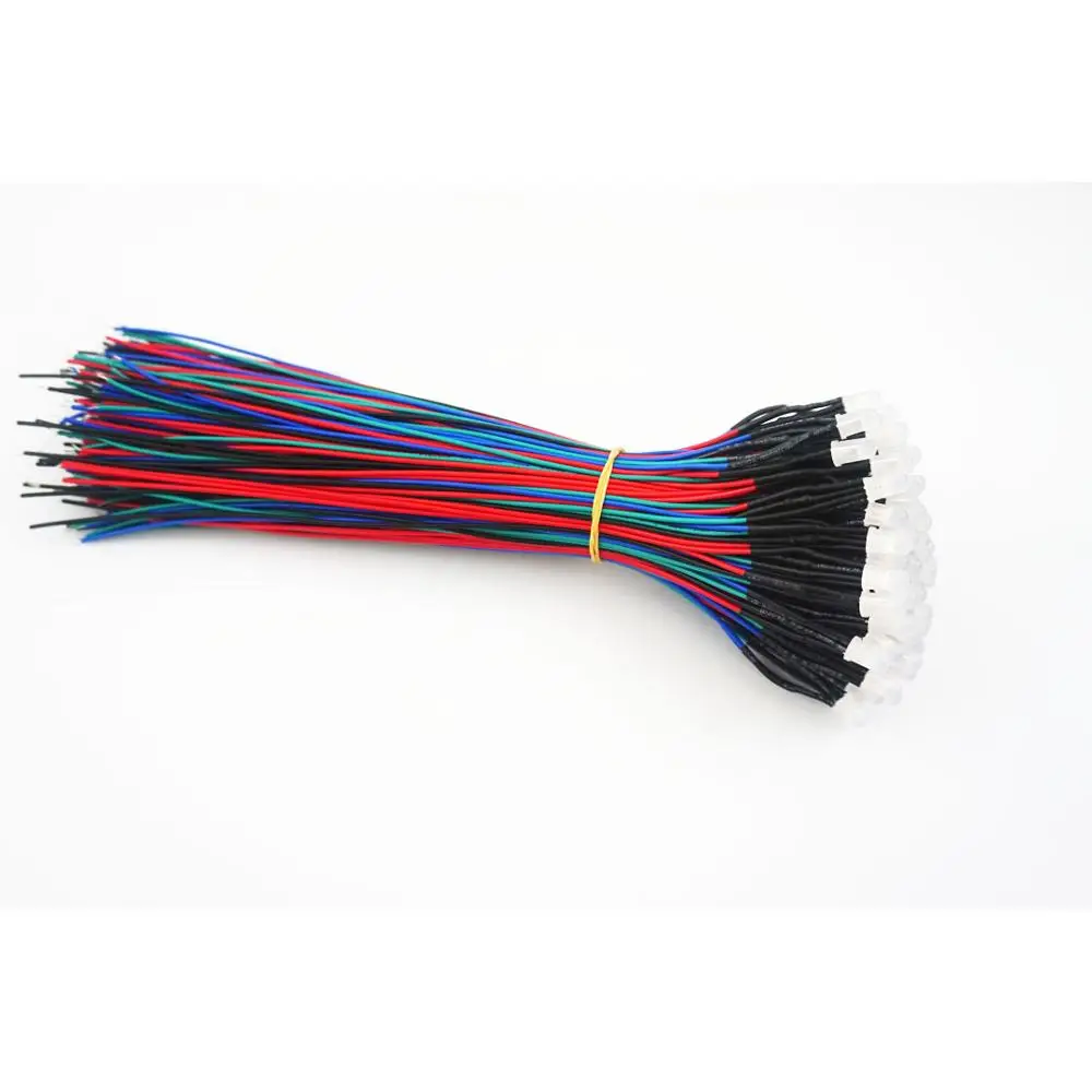100pcs 5mm 12V 4pin pre wired LED 18cm cable Red Green Blue RGB Tri