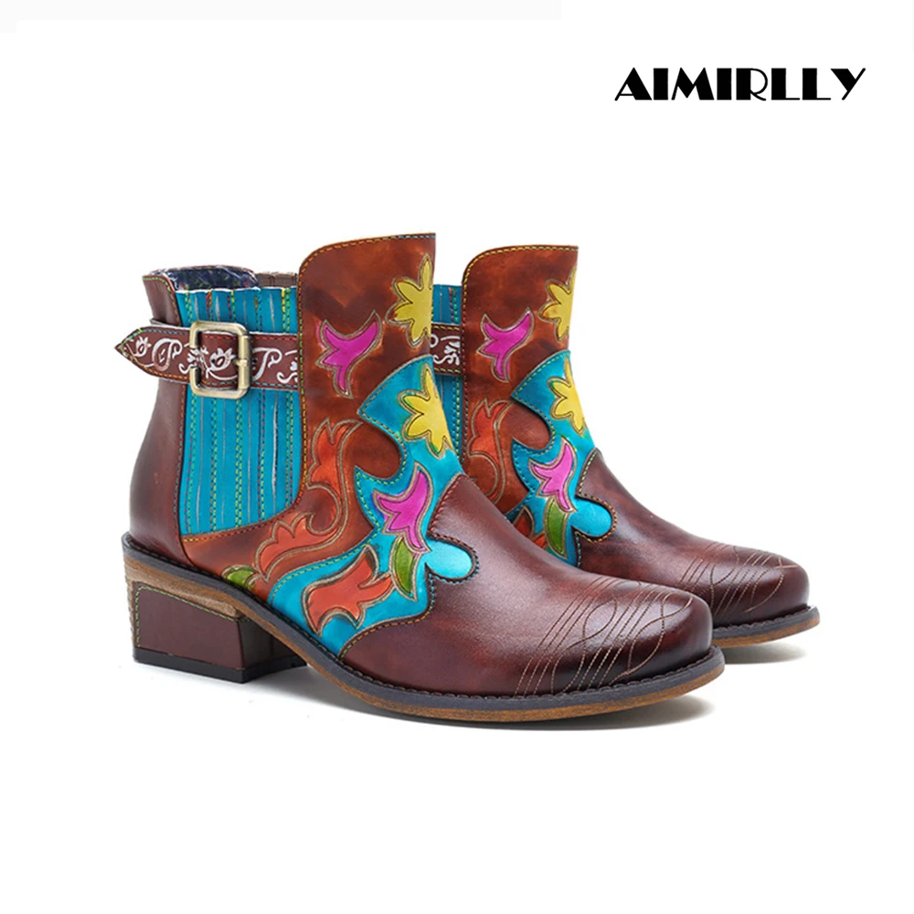 

Womens Booties Round Toe Mid Heel Ankle Boots Genuine Leather Patchwork Retro Female Shoes Ankle Buckle Slip On