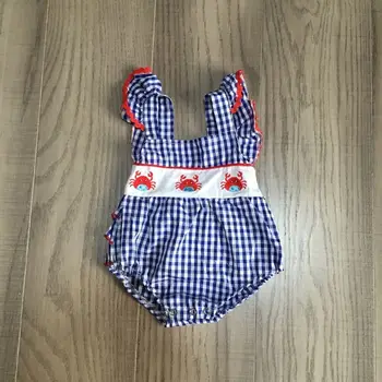 

baby kids summer woven romper girls infant toddler plaid blue romper baby crab romper