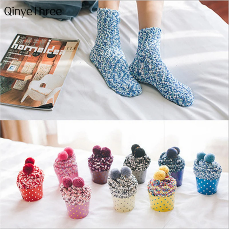 Cute girls' coral fleece socks women thickening warm winter soft floor socks with cute hairball Christmas gift socks dropship