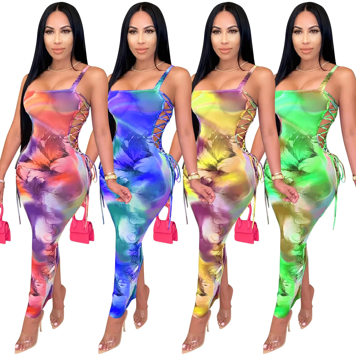 Zoctuo Tie Dye Print Maxi Long Dress Sexy Women Mesh See Though Club Spaghetti Strap Lace Up Side Bodycon | Женская одежда