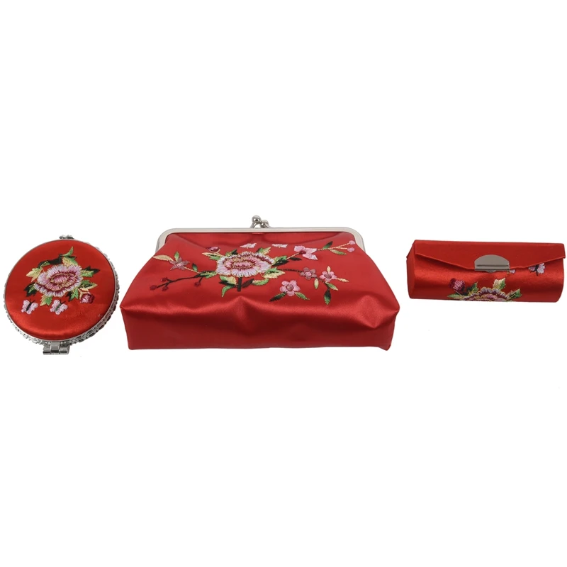 

3-in-1 Flower Embroidered Wallet Lipstick Holder Case, Red