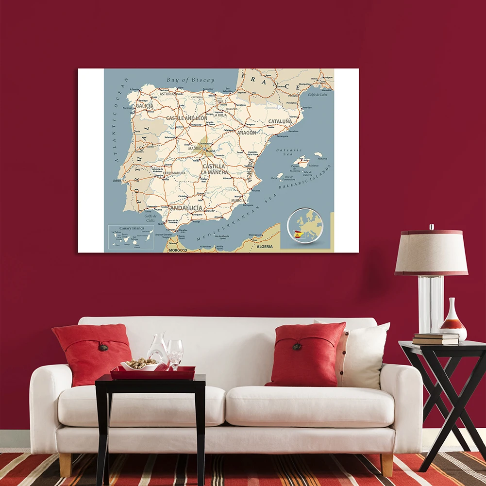 150*100 cm Road Network Map of The Spain Wall Art Poster Non-woven Canvas Painting School Supplies Home Decoration