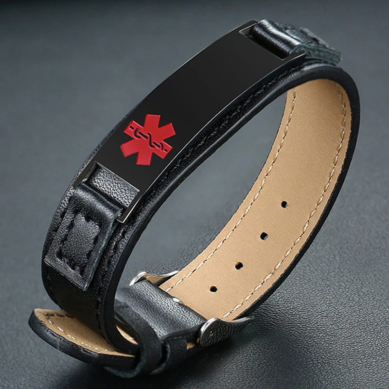

Custom Medical Alert ID Bracelet Men's Genuine Leather Wrap Wrist Free Personalized Diabete Type 2 Adjustable Brazelet