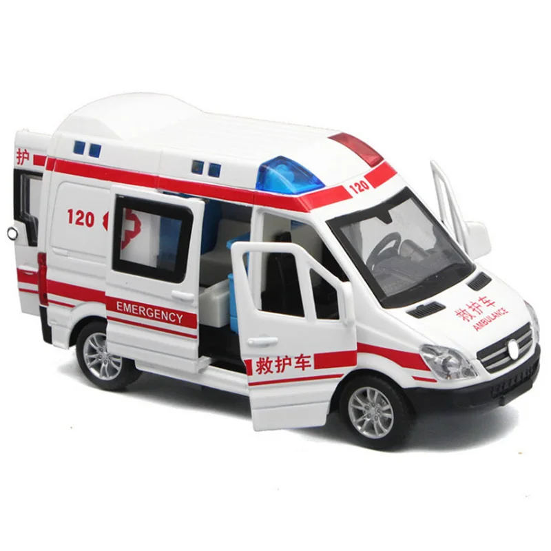 

1:32 Hospital Rescue Ambulance Police Diecast Metal Car Model with Pull Back Sound Light for Children Toys Gifts