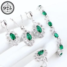 Зеленый цирконий свадебное Серебро 925 комплекты украшений для женщин костюм ювелирные изделия серьги с подвесками и свадебное ожерелье Кольца Набор подарочных коробок