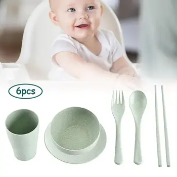 

6Pcs/Set Wheat Straw Baby Tableware Children Food Dishes Bowl Feeding Infant Learning Dinnerware Spoon Chopsticks Fork Cup Set