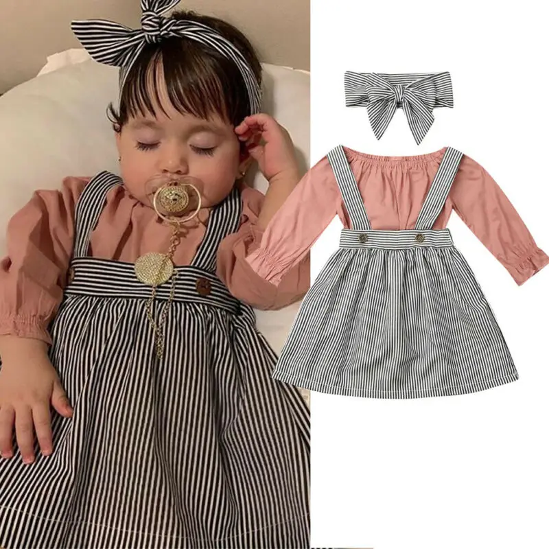 

0-24 Months Baby Girl Cotton Clothes Set Outfit 3Pcs Long Sleeve Romper Striped Bib Strap Skirt Headband Autumn Baby Girl Set