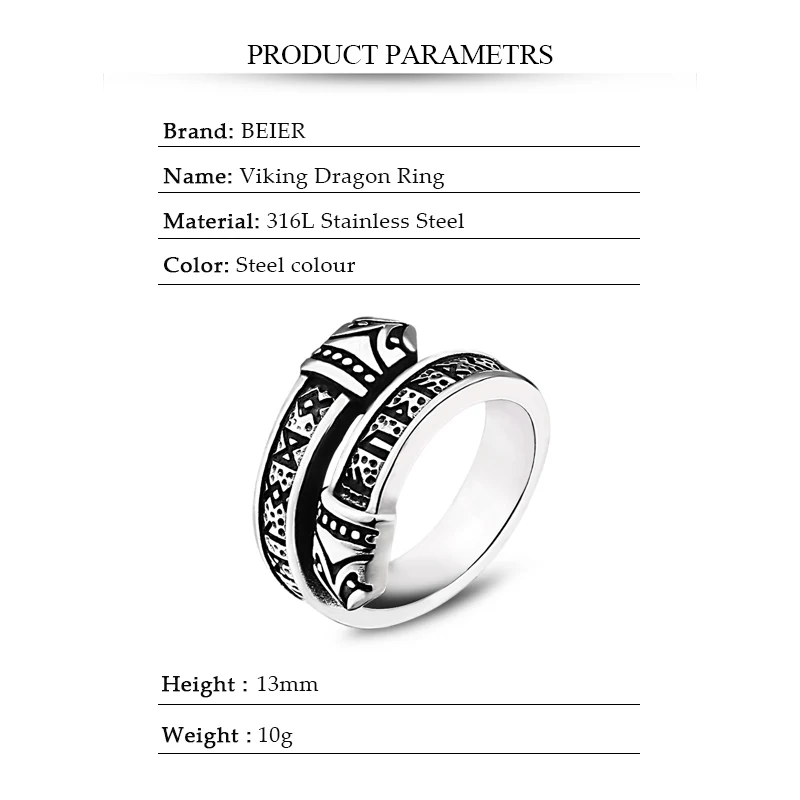 Stainless Steel Ring Finger Ring BEIER 316L Stainless Steel Punk Vintage Men Ring Viking Rune Fashion Jewelry Gift LLBR8-575R