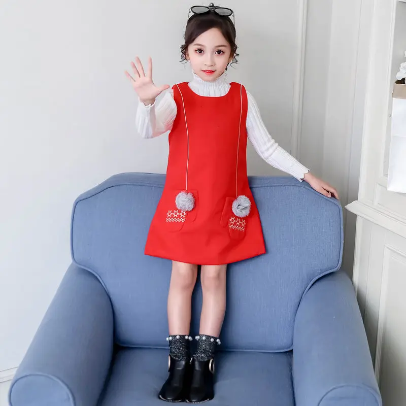 Elegant Kids Knitted Winter Dresses for Girls Spring Fall Sleeveless Vest Teens Girl Casual Velvet Waistcoat With Ball |