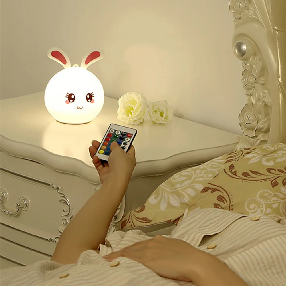 Светодиодный ночник с кроликом, сенсорный датчик, пульт дистанционного управления, RGB, USB, перезаряжаемый силиконовый прикроватный светильник с кроликом для спальни, для детей, малышей - Испускаемый цвет: With Remote