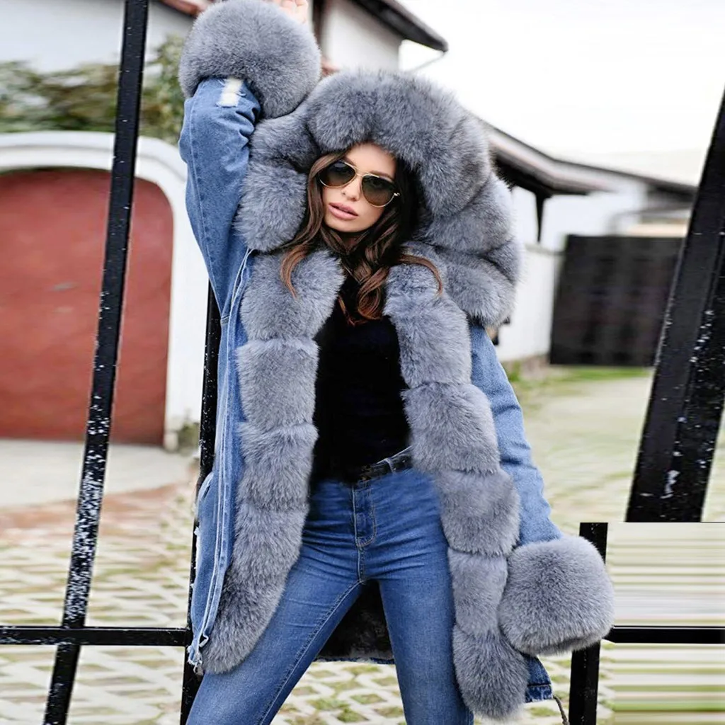 Зимнее пальто женское флисовое зимнее джинсовое пальто с капюшоном пальто рыбий хвост с длинными рукавами manteau femme capuche fourrure# y3 - Цвет: Gray