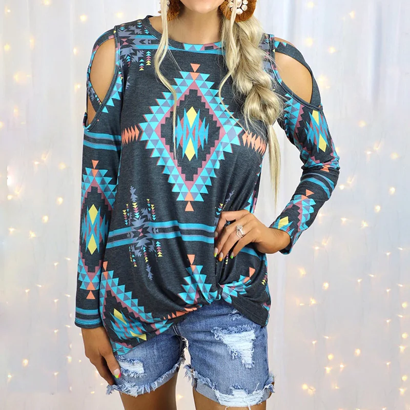

Spring/summer women's printed long-sleeve, off-the-shoulder, round collar loose casual T-shirt Spring Elegant ladies T-shirt