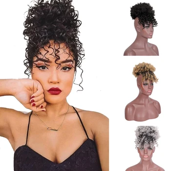 

fake hair synthetic hair wig afro chignon with bangs kinky curly hairdo With Bun string for back women MUMUPI