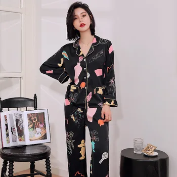 

Lady Casual Nightwear Print Sleepwear Pajamas Satin 2PCS Sleep Set Shirt&Pants Silky Black Intimate Lingerie Home Clothes