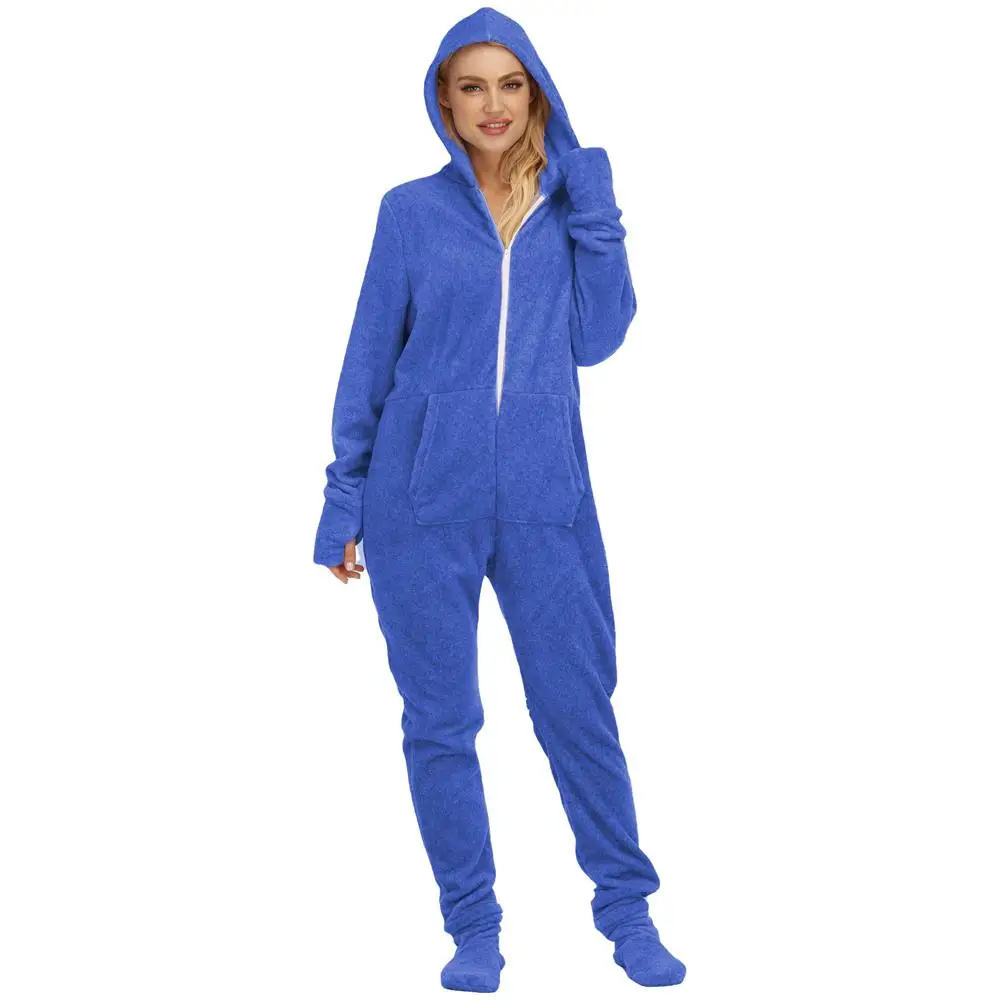 Jumpsuit Pyjamas For Adult Women Fluffy Fleece Sleepwear Winter Warm Onesies Solid Casual Foot Cover Overall Hood Rompers Sets