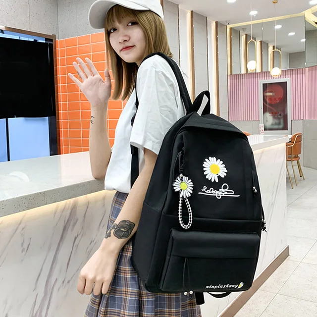 4pcs/Set Preppy Style Daisy Print Backpacks Canvas School Rucksack Teenager Girls Travel Mochila Shoulder Bags Students Clutches 4