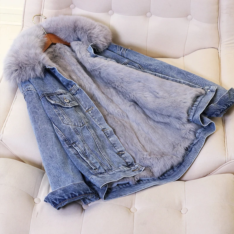 Зимняя Толстая теплая джинсовая куртка с меховым подкладом с кроликом женская верхняя одежда свободная лисьим мехом джинсовая куртка с воротником куртка пальто Женская Модная парка
