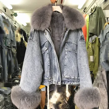 

big fur collar denim coat for women winter new flare sleeved loose thicken warm fleece fashion lady jackets outwear coat tops