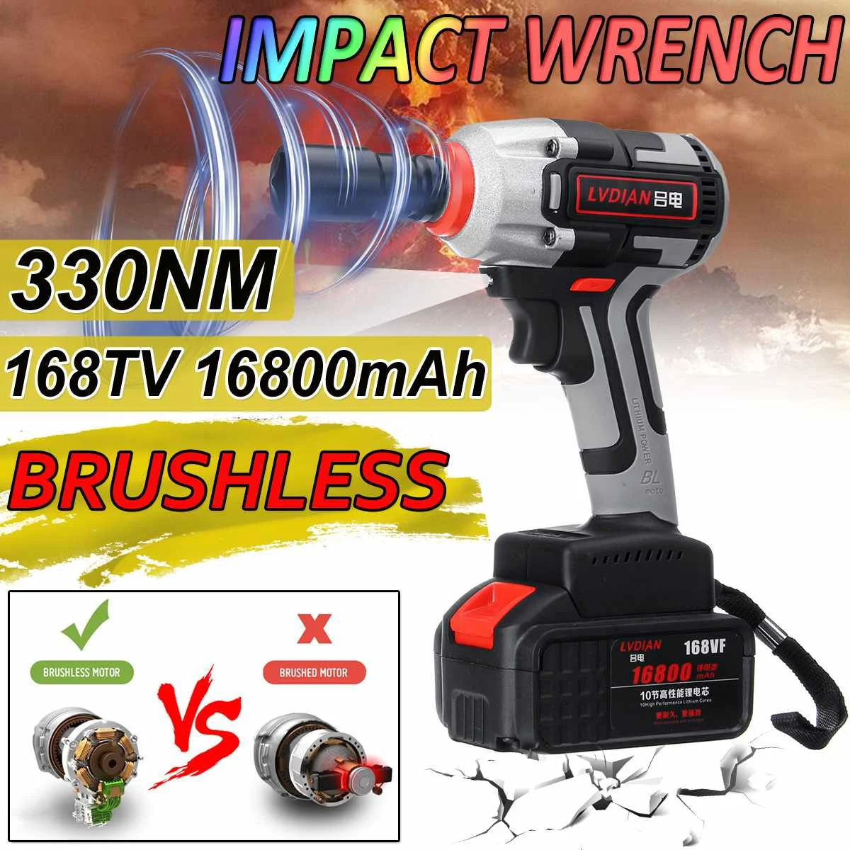 

330Nm 168V 16800mAh Rechargeable Lithium Battery Brushless Cordless Electric Wrench Impact Driver Power Tool Household DIY Drill