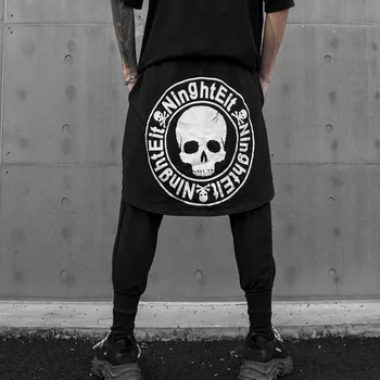 

Men Fake 2PCS Splice Skull Print Loose Casual Harem Pants Jogger Sweatpants Male Streetwear Hip Hop Punk Gothic Skirt Trousers