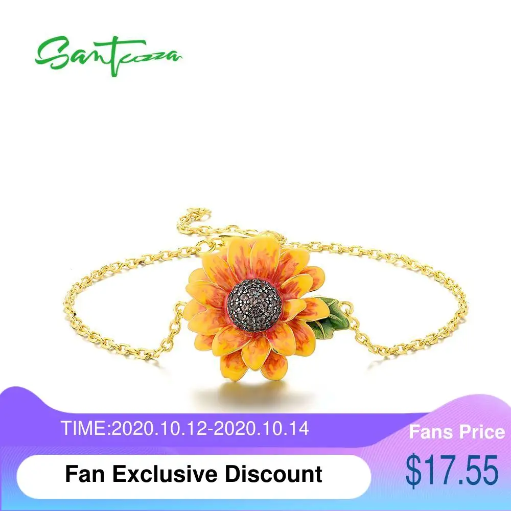 

SANTUZZA Bracelet For Women Authentic 925 Sterling Silver Gold Color Delicate Sunflower Adjustable Fine Jewelry Handmade Enamel