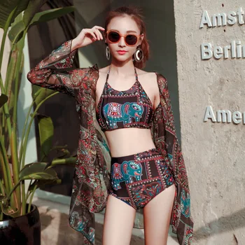

Women Swimsuit 2020 Two Pieces Girls Bikin Tankini Swimwear For Piece New Elephant Three Chiffon Sexy Split High Waist Polyester