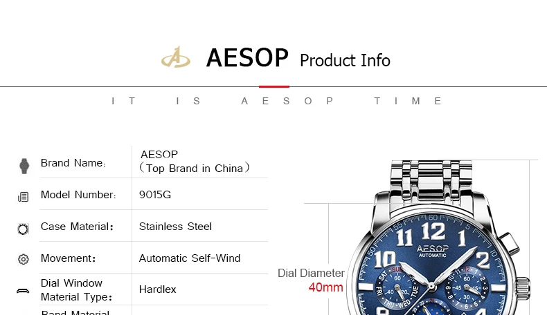 Aesop, синие часы, мужские брендовые автоматические механические противоударные водонепроницаемые наручные часы, мужские часы, Hodinky 9015g