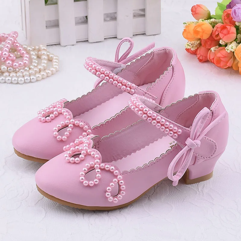 

Children Leather Shoes for girls dance Kids Princess with heel Performance Shoes Pearl Solid Color White Pink SW006