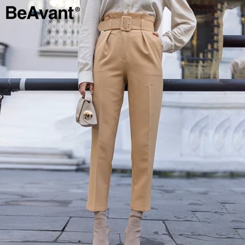 

Beavent New fashion women casual pant Autumn high waist ruffled trousers Streetwear sash belt decoration ladies work pants 2020