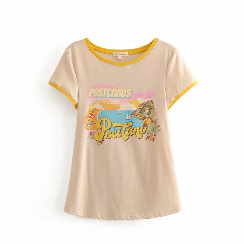 Casual Summer Beige Tshirt Cartoon O Neck Cotton T-Shirt For Girls Streetwear Designer Style Women Tees New Arrivals