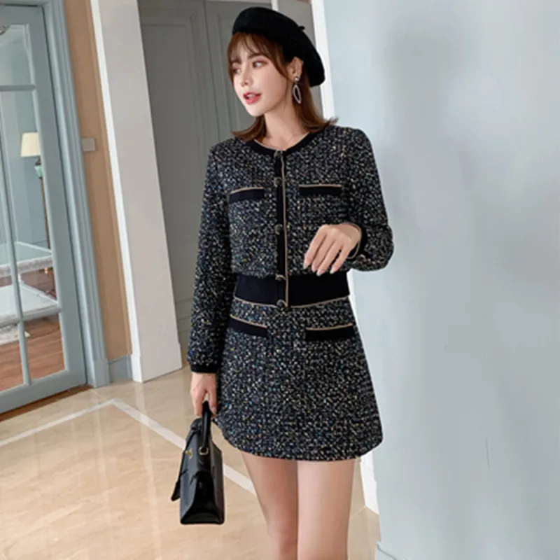 

2020 Autumn Women's Temperament Two Piece Outfits Colorful Sequined Single-breasted Tweed Short Jacket+Mini Skirt 2 Piece Sets