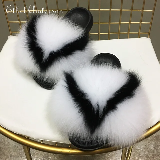 2021 Hot Sale Women Real Fox Fur Slippers Multi-color Summer Fashion Slides Casual Female Furry Shoes As picture