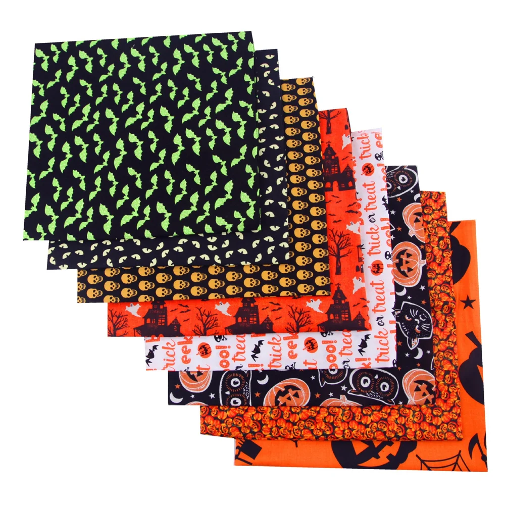

8Pcs Halloween Theme Pumpkin Skull Bat Pure Cotton Cloth Handmade Holiday Pennant fabric Home Textile Sewing Material 25x25cm