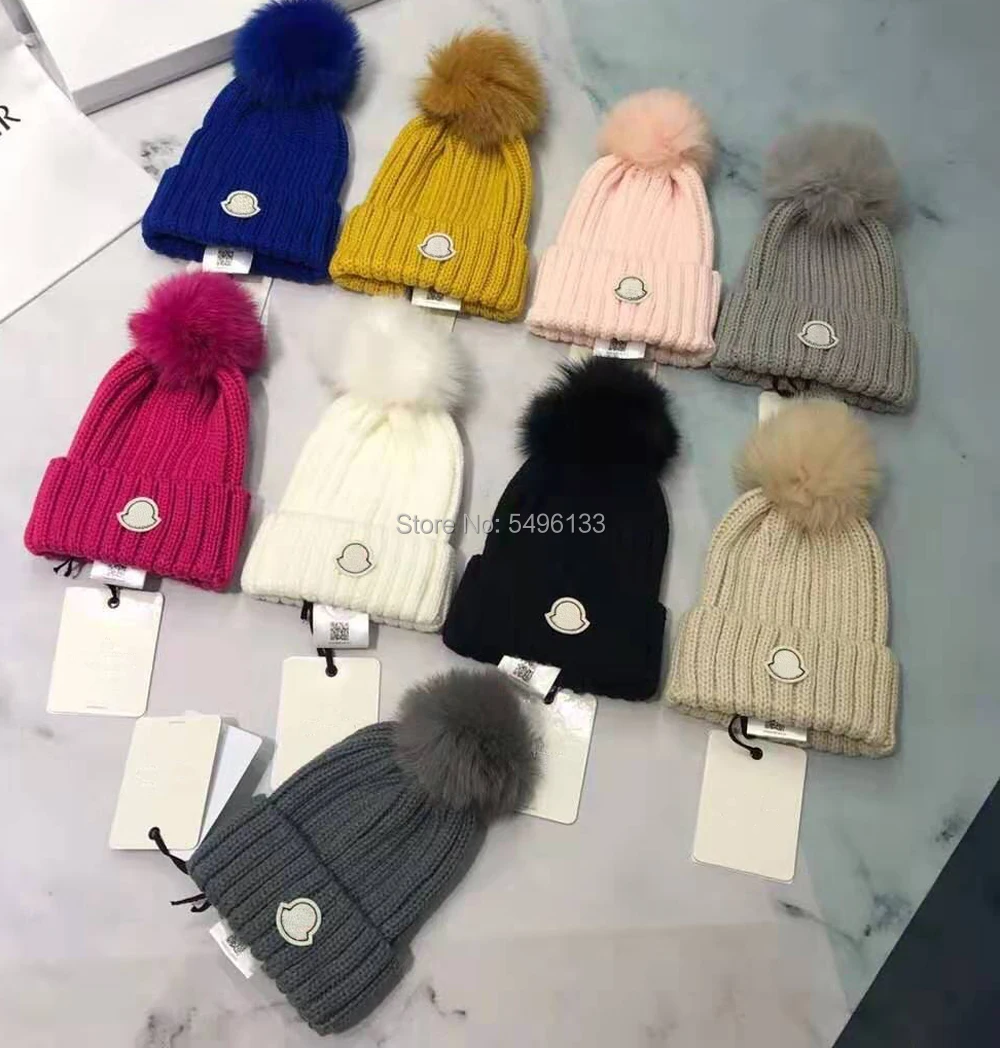 Always classic Woman Hat Natural Fox Fur Ball Knitted Ladies Winter Hat Wool Thread Knit Warm Women's Beanies