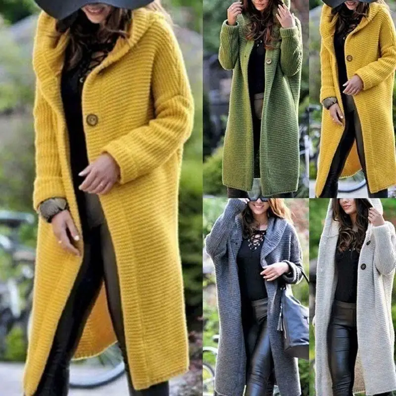 

Mid-length Spring Autumn Cardigan Hooded Jacket Hooded Button Coat Solid Color Polyester Fiber Outwear Women Accessories