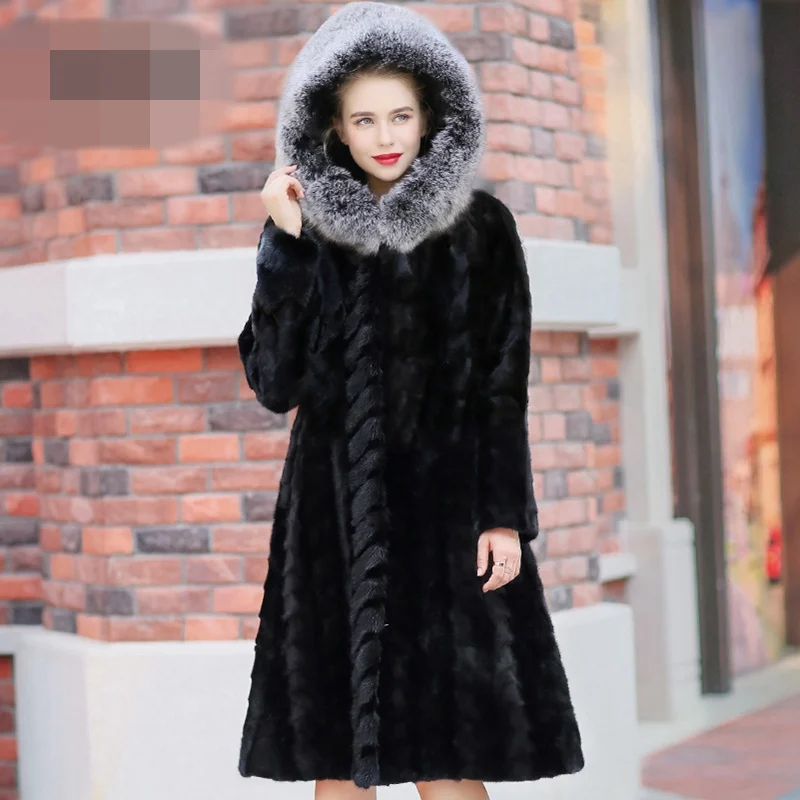 Black Silver Hoody 100 см Натуральная норковая шуба куртка с лисой Мужская куртка с капюшоном зимняя женская меховая х-Длинная Верхняя одежда Пальто Плюс Размер 4XL 5XL LF9119 - Цвет: Black Silver Hoody