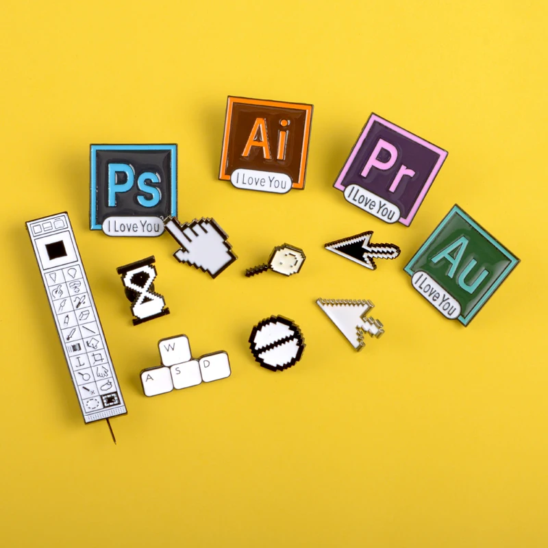 Square Photoshop Pins I Love You Badge Toolbar WASD key Lapel Pin AI PS AU PR Enamel Pins Brooches for Designers Artists Jewelry