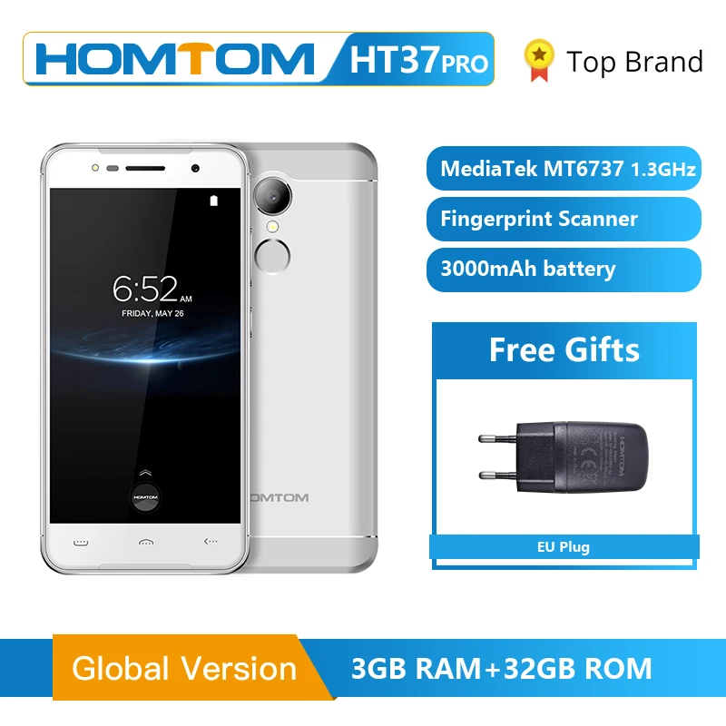 HOMTOM HT37 Pro смартфон 4G двойной динамик MTK6737 5,0 дюймов HD Android 7,0 3 ГБ+ 32 Гб 13 МП 3000 мАч отпечаток пальца ID мобильный телефон