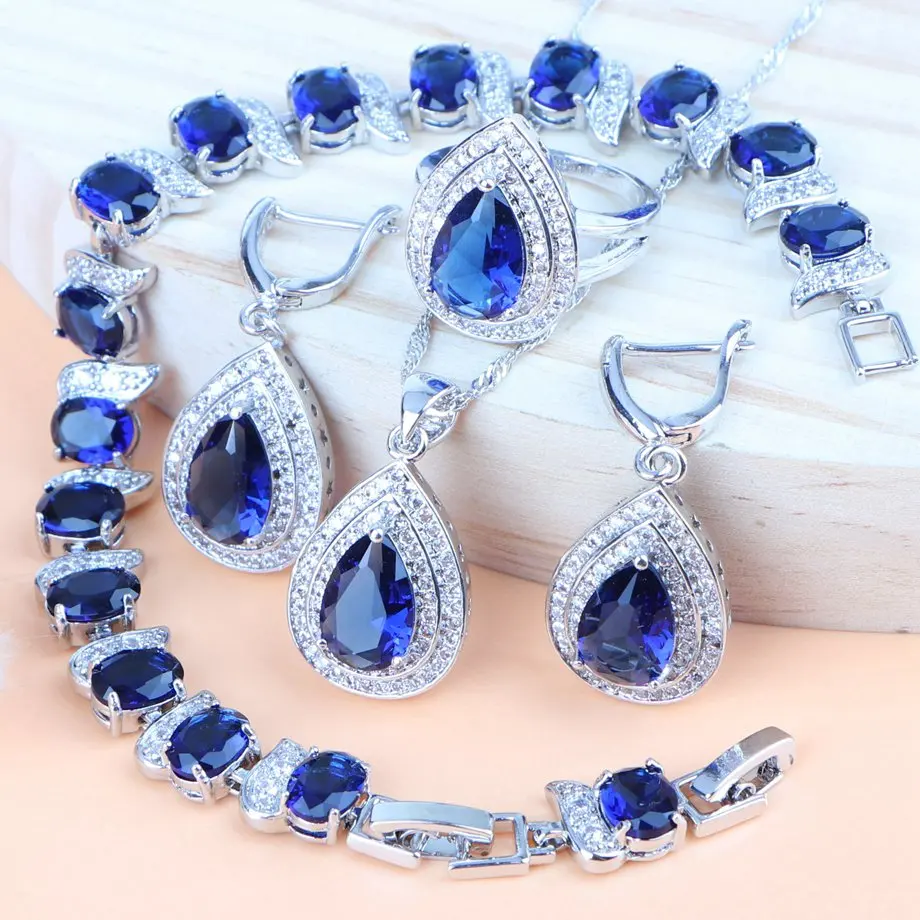 4PCS Женские аксессуары, серебро 925, ювелирные наборы для невесты, Свадебный костюм, Голубой цирконий, ожерелье, наборы, кольцо, серьги, кулон, браслет - Окраска металла: 4PCS