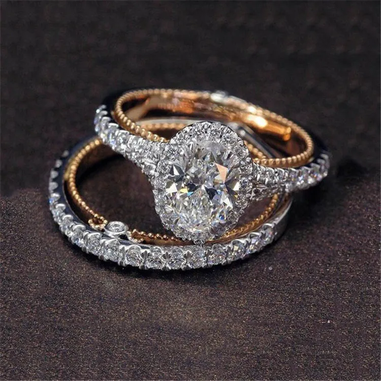 

New alloy rose gold inlaid crystal set European and American goose egg-shaped color separation engagement ring