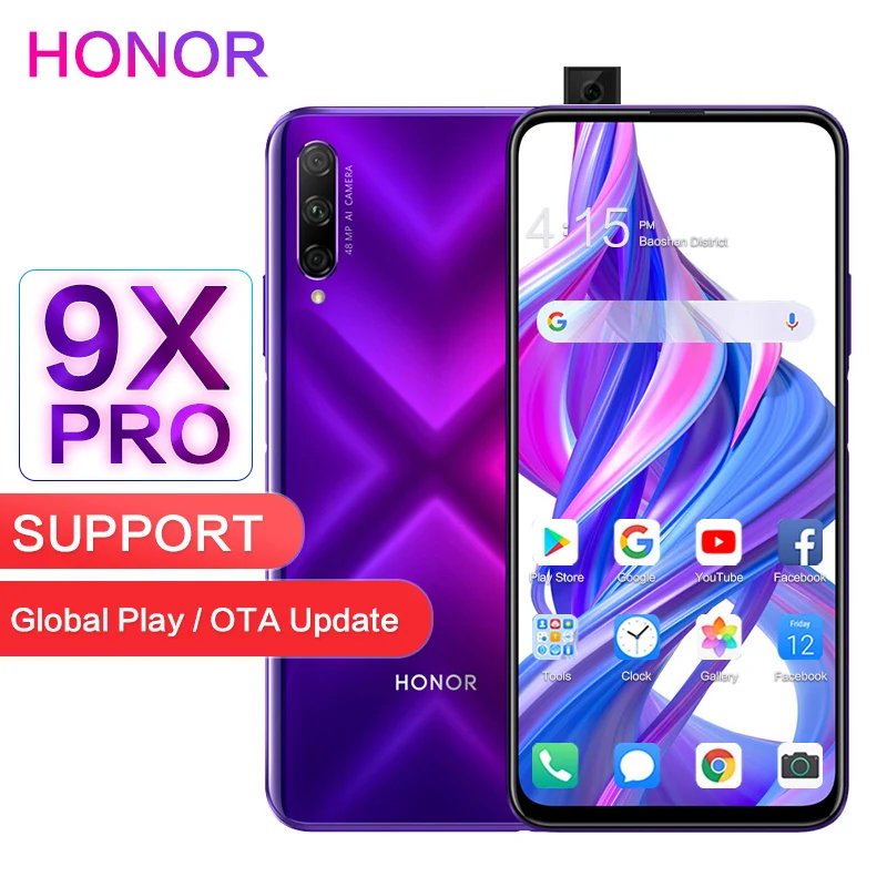 Honor 9X Pro Поддержка Google 8 Гб 128 ГБ 2340x1080P 6 59 дюймов полный экран 8MP 3 камеры 4000 мАч GPU Kirin