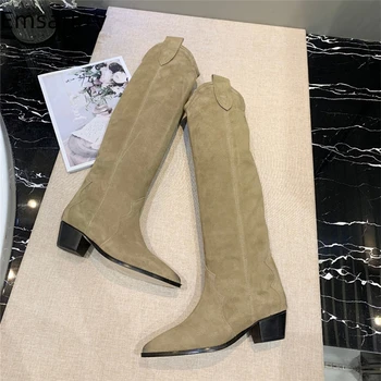 

Women Size 39 Luxury Green Suede Knee High Boots Point Toe Thick Heel Patchwork Sewing Winter Long Boots Women