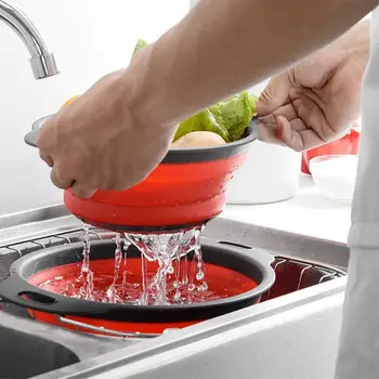 

2pcs/ Set Camping Folding Strainer Bowl Tableware Silicone Foldable Filter Drain Colander Portable For Outdoor Picnic Cookware