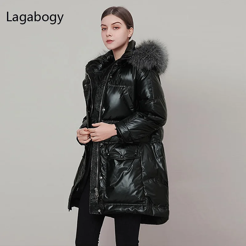 気質アップ Lagaboy-女性用の大きなキツネの毛皮のコート,本物のシルバー,長いアヒルのダウンジャケット,明るい色,防水,新しい冬の