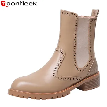 

MoonMeek 2020 New arrive simple casual women shoes low heel round toe slip-on ankle boots genuine leather women boots