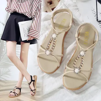

MXHY2019 summer new Bohemian beaded student sweet sandals rhinestone flat toe beach shoes women shoes women sandals shoes woman