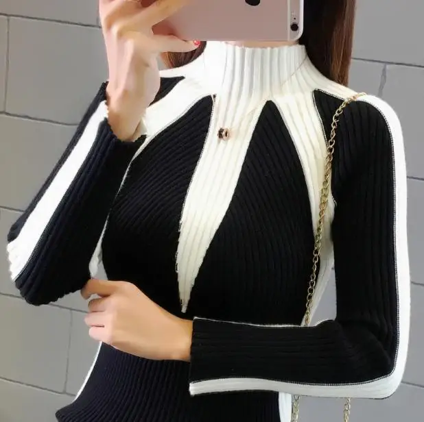 Black White Женский свитер, зима, модные Джемперы, корейский хит, цветные пуловеры, вязанные пуловеры, толстые рождественские свитера для женщин - Цвет: Black White