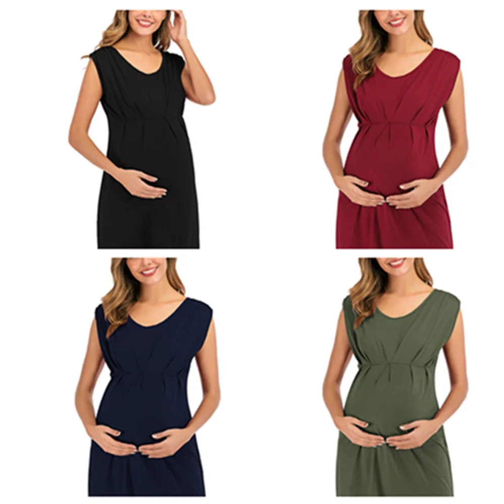 

2020 Europe And America Spring And Summer New Style Solid Color Maternity Clothes Crew Neck Sleeveless Pregnant Women Dress